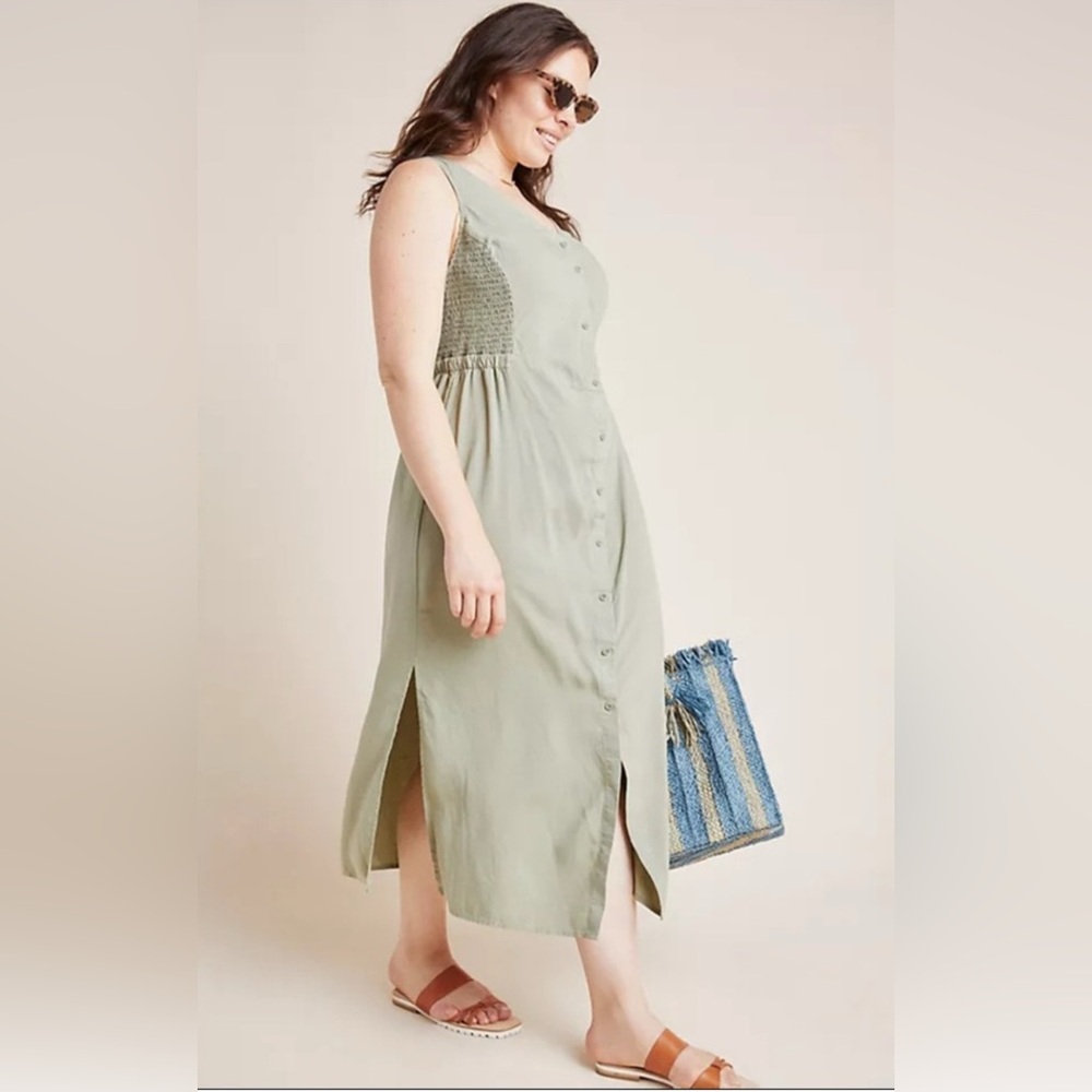 cloth & stone Sage Green Button-Front Midi Dress